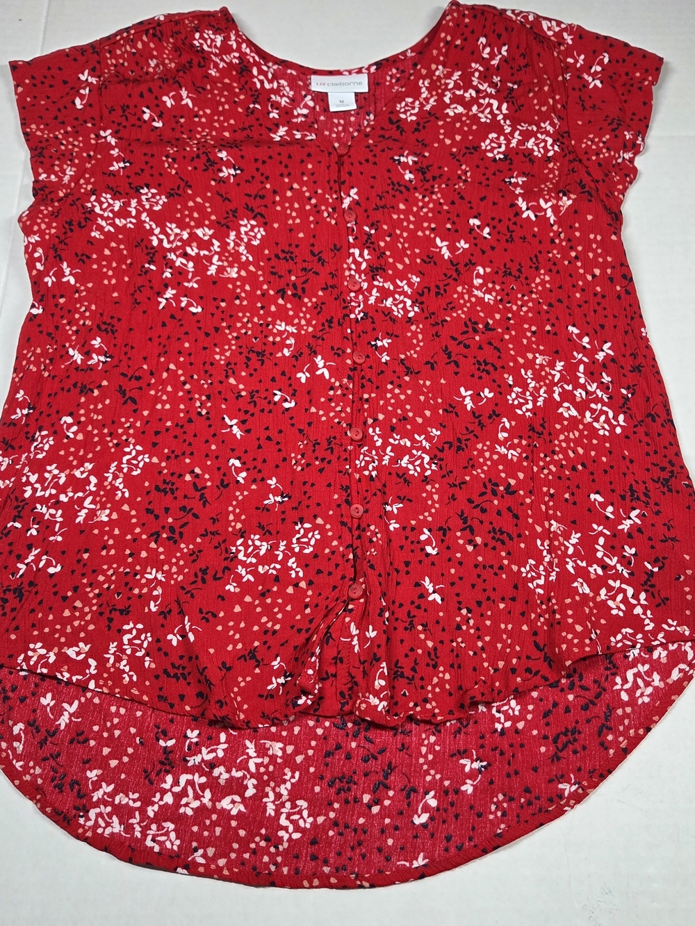 Liz Claiborne Red Floral Button-Front Cap Sleeve Blouse Size Medium‎